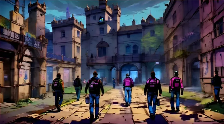 a group of people walking down a street next to tall haunted building