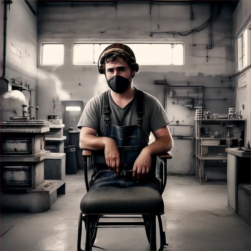 Monochrome, Create an atmospheric scene in a lathe shop filled with a surreal mood. In the center of the composition is a worker with a haggard face, dressed in rusty, worn overalls. His hands, covered with calluses, lie lifelessly on the arms of a homemade techno chair. On his head is a bulky respiratory mask with a cracked rubber seal, and a hose connects the mask to a glass capsule filled with mycelium of fungi.

The background part of the scene should depict an endless turning workshop filled with rusting machines and tools, creating a feeling of abandonment. Flickering fluorescent lights cast an ominous, monochrome light, highlighting the textures of rusty metal and dust. Smells and sounds should be almost tangible: metal shavings, engine oil and the smell of decomposition.

Add details such as a light mist of mushroom spores circling around the worker, and subtle movements in his eyes that express longing and hope. The whole scene should convey a sense of time frozen in this industrial world where reality and dreams are intertwined.