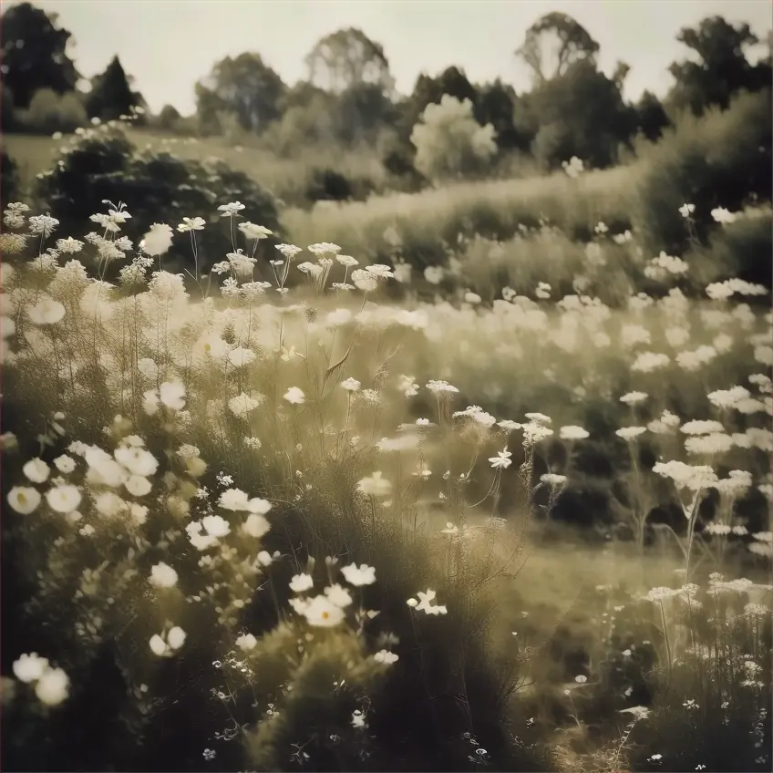 a field full of white flowers with trees in the background