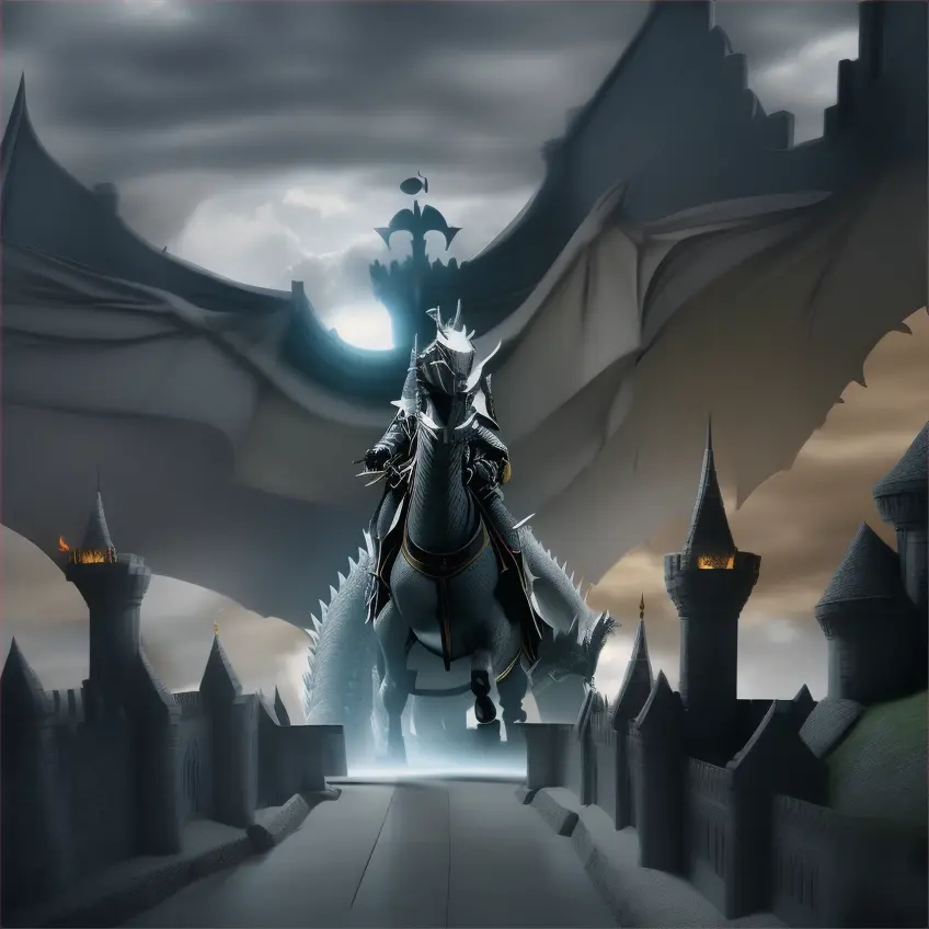 Knights scatter as a large 200 foot light grey serpent monster breaks through the walls of Camelot on a cloudy day