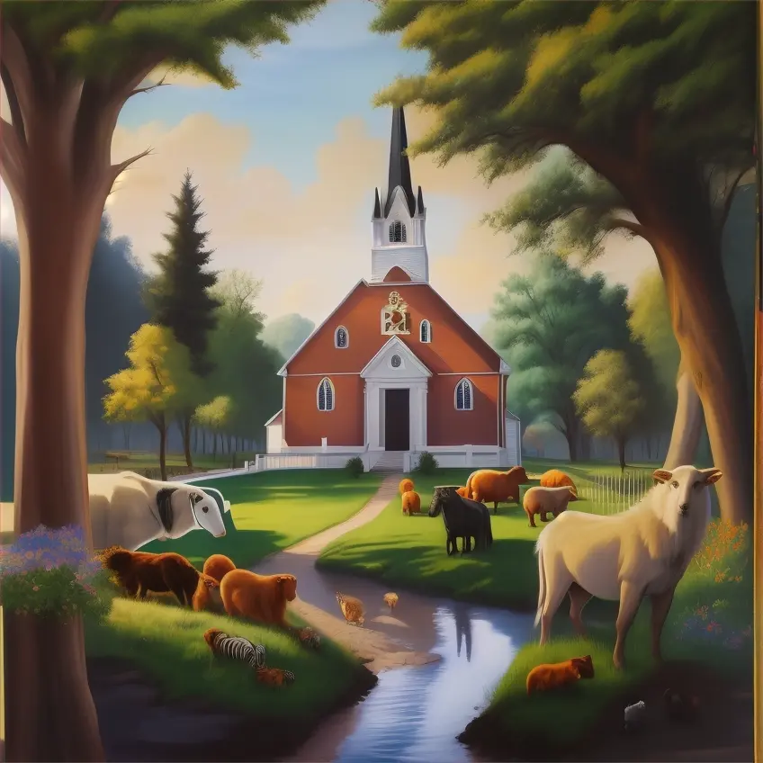 a painting of a church surrounded by animals