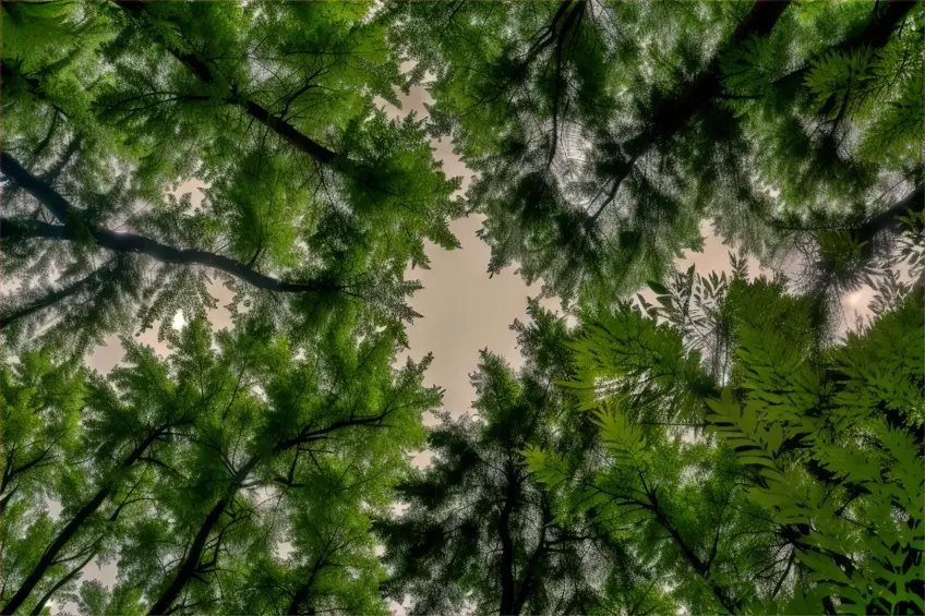 looking up at the tops of trees in a forest