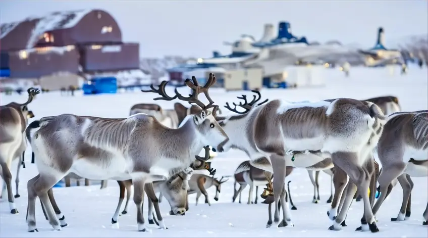 a herd of reindeer standing on top of a snow covered field