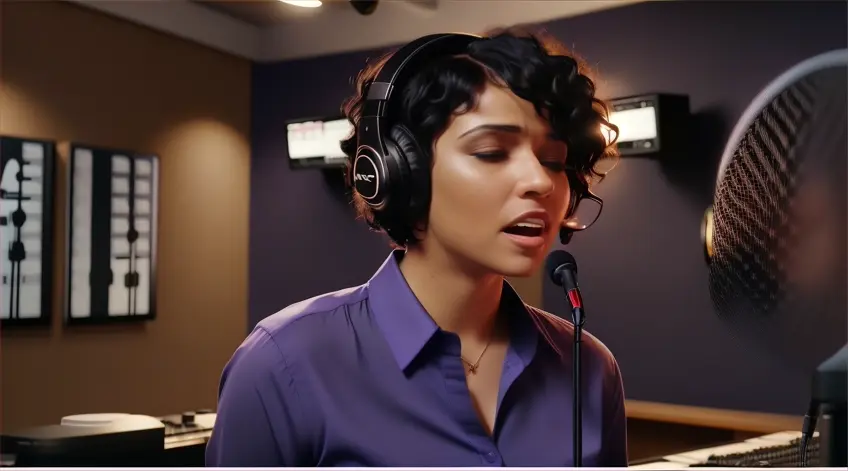 at night, inside the music recording studio, an emotional singing woman with Black Curly bob cut Hair wearing headphones is singing with emotional into a microphone