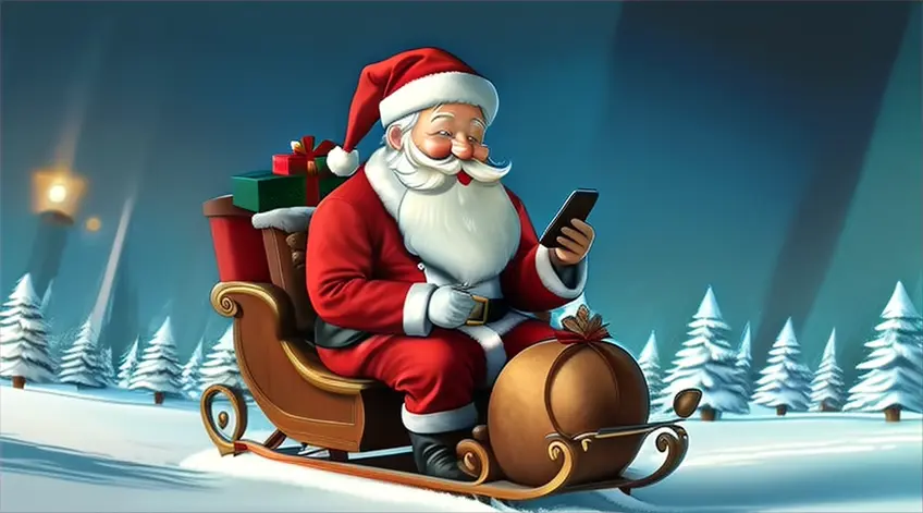 a santa clause sitting in a sleigh with a cell phone