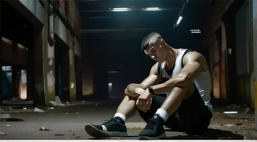 at night, a man with Skin fade Buzz cut black hair sitting on the ground in an abandoned building at night in a dark alley