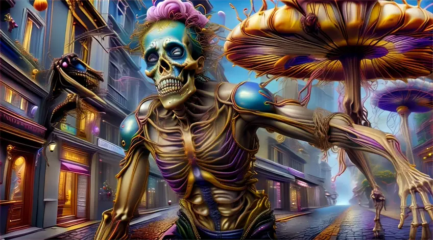 a painting of a skeleton in a street  Lots of Naturalistic Movements, Subtle Movements, Dynamic Motion.