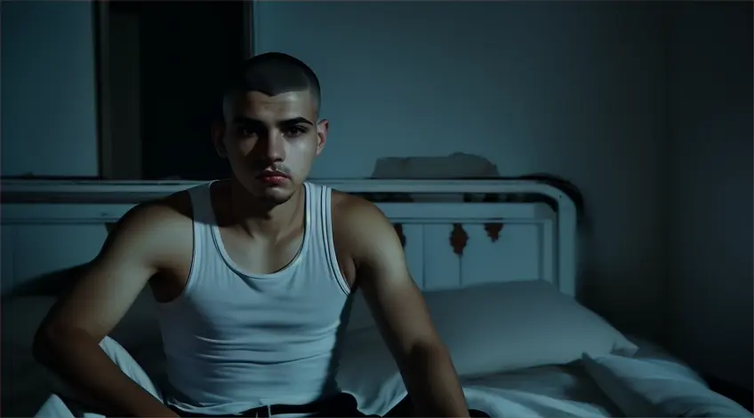 at night, a curious man with Skin fade Buzz cut black hair in white tank top sitting on the bed inside the abandoned house looking at the camera with curious look on his face