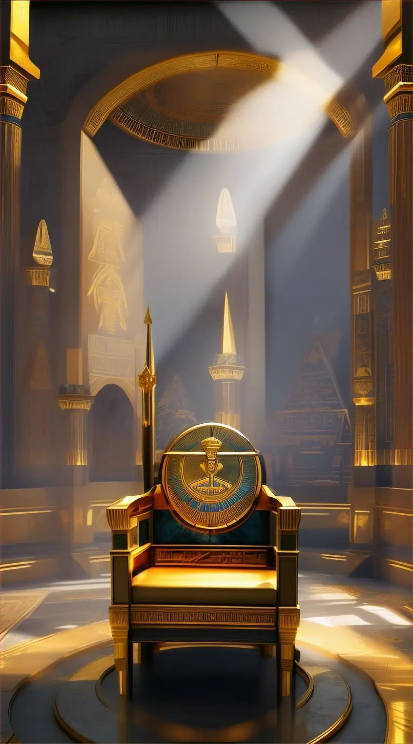 Inside an archaeological chamber, the golden throne is surrounded by an aura of mysterious energy. Ancient Egyptian symbols suddenly appear on its surface as a gentle wind stirs the dust. Style: [Realistic and historical]