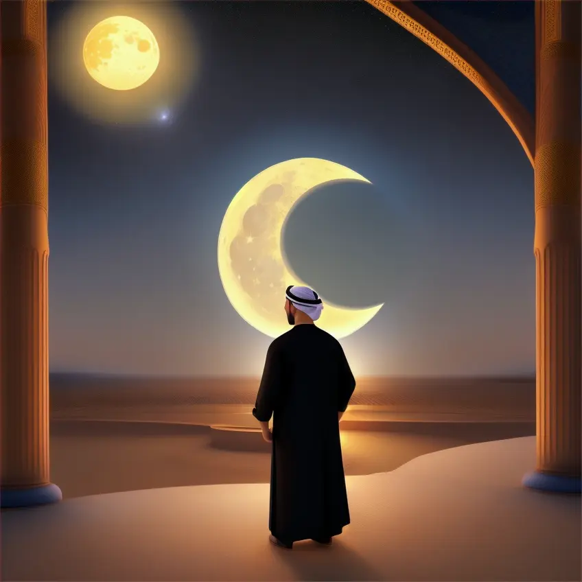 Miniature, Depict arab man in arabic dress gazing at the stars, moon, and sun. Animate these celestial bodies rising and setting, illustrating their impermanence