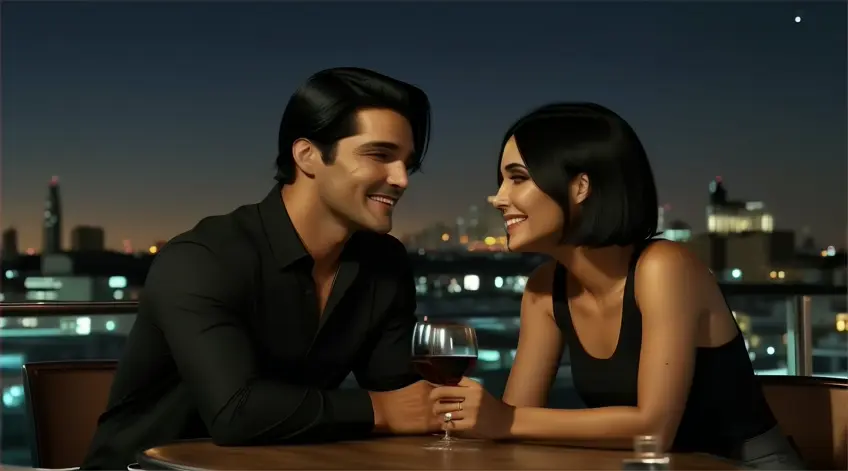 at night, at a rooftop, a happy man with Slicked back surfer black hair and a woman with Straight Bob Cut Black Hair sitting at a table with wine glasses with city light as background