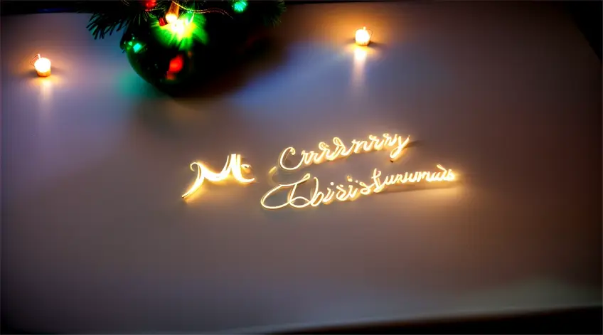 Merry Christmas written on a Christmas Table in a winter wonderland surrounded by Christmas lights