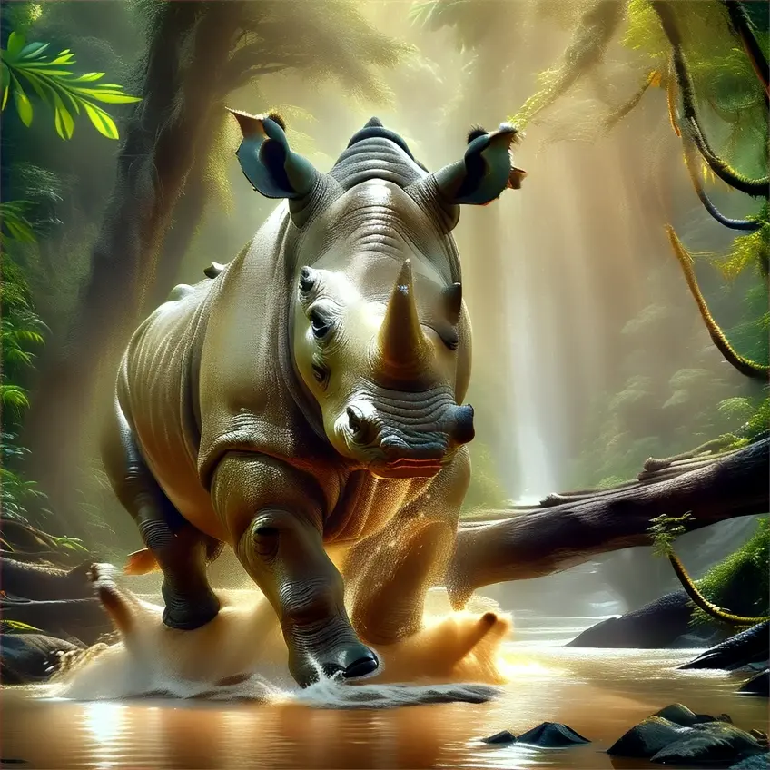 a rhino running through a river in a jungle