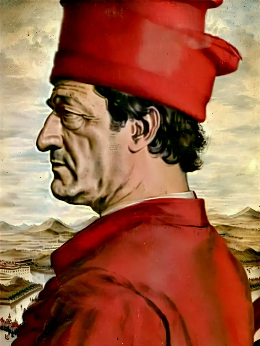 a painting of a clean-shaven man with no moustache, I repeat WITHOUT MUSTACHE OR BEARD, dressed in red and with a red hat