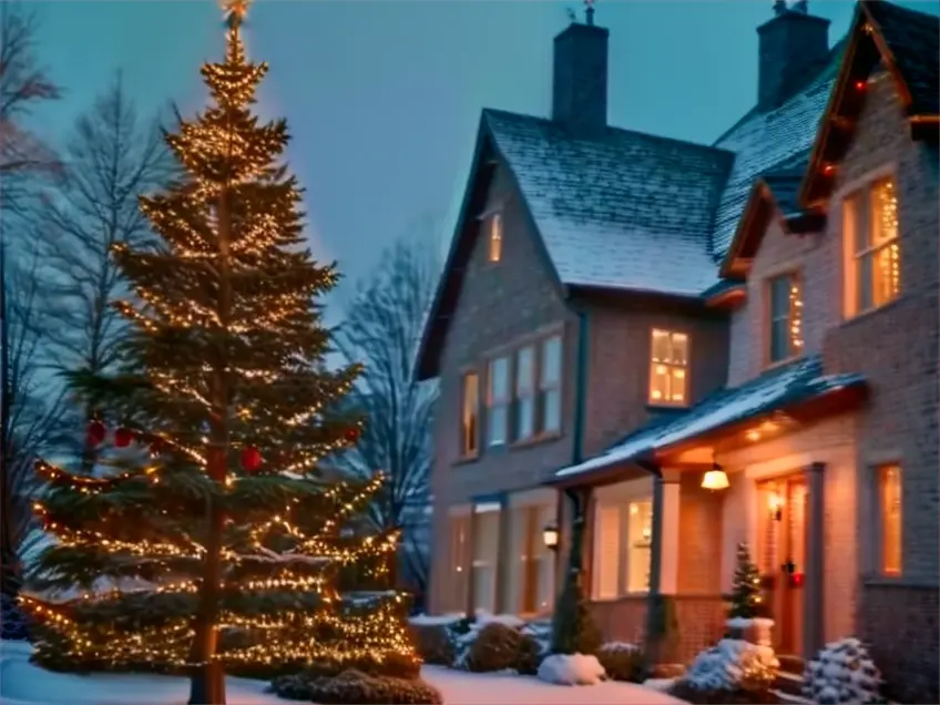 a lit christmas tree in front of a house