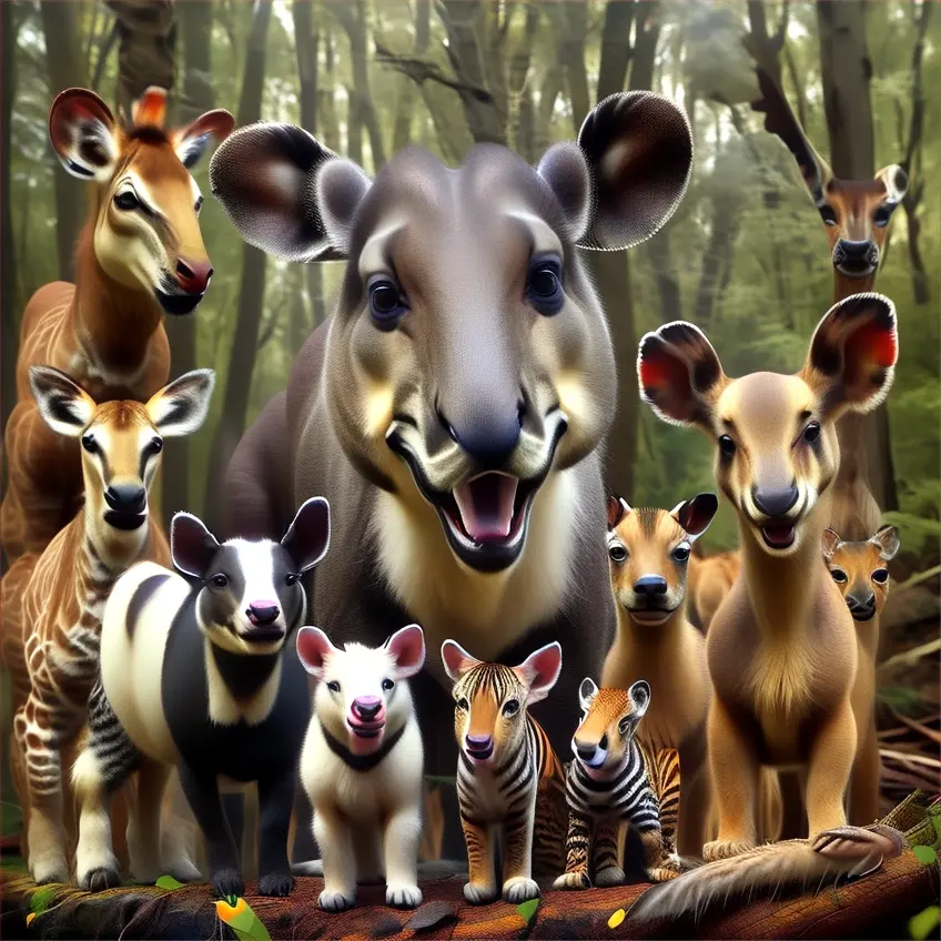 a group of animals that are standing in the woods