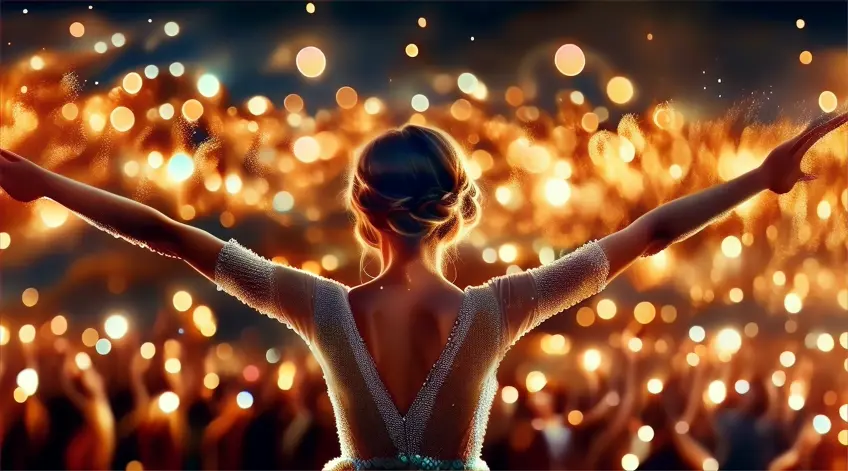 a woman standing in front of a crowd with her arms outstretched