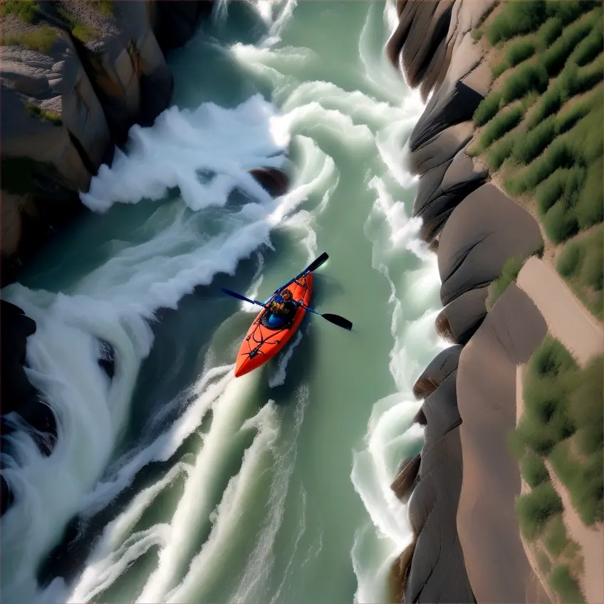 An aerial shot of a kayaker navigating through whitewater rapids in a river canyon. The camera follows the action, highlighting the thrill and natural beauty