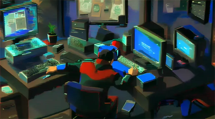 a computer desk with a monitor and a keyboard. A person looks trough a window.