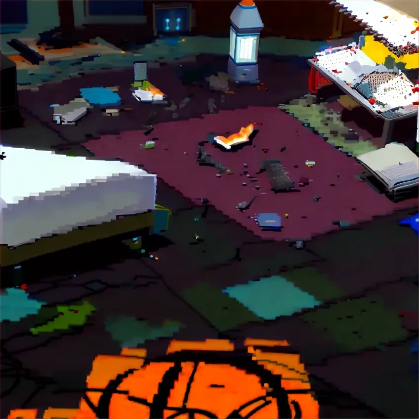 a computer generated image of a room with a bed and thrash and rats