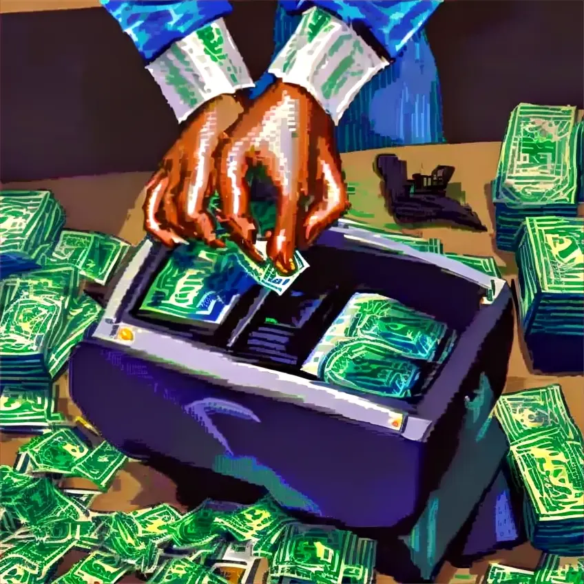 Dos manos colocando billetes en una máquina de contar billetes que se encuentra sobre una mesa llena de billetes
