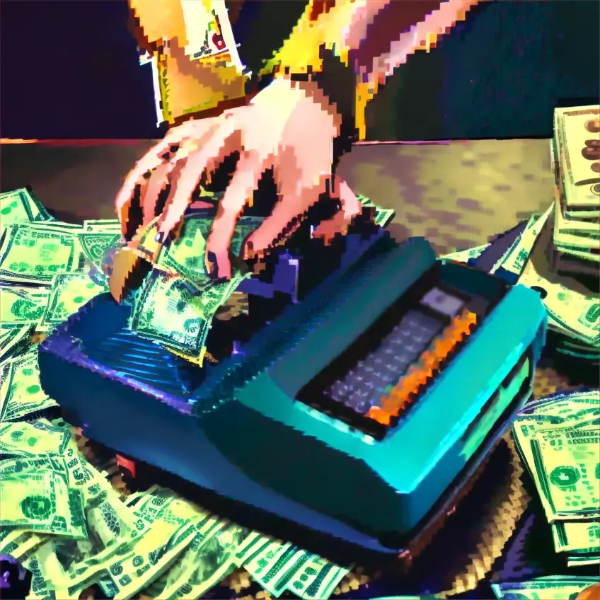Dos manos colocando billetes en una máquina de contar billetes que se encuentra sobre una mesa llena de billetes