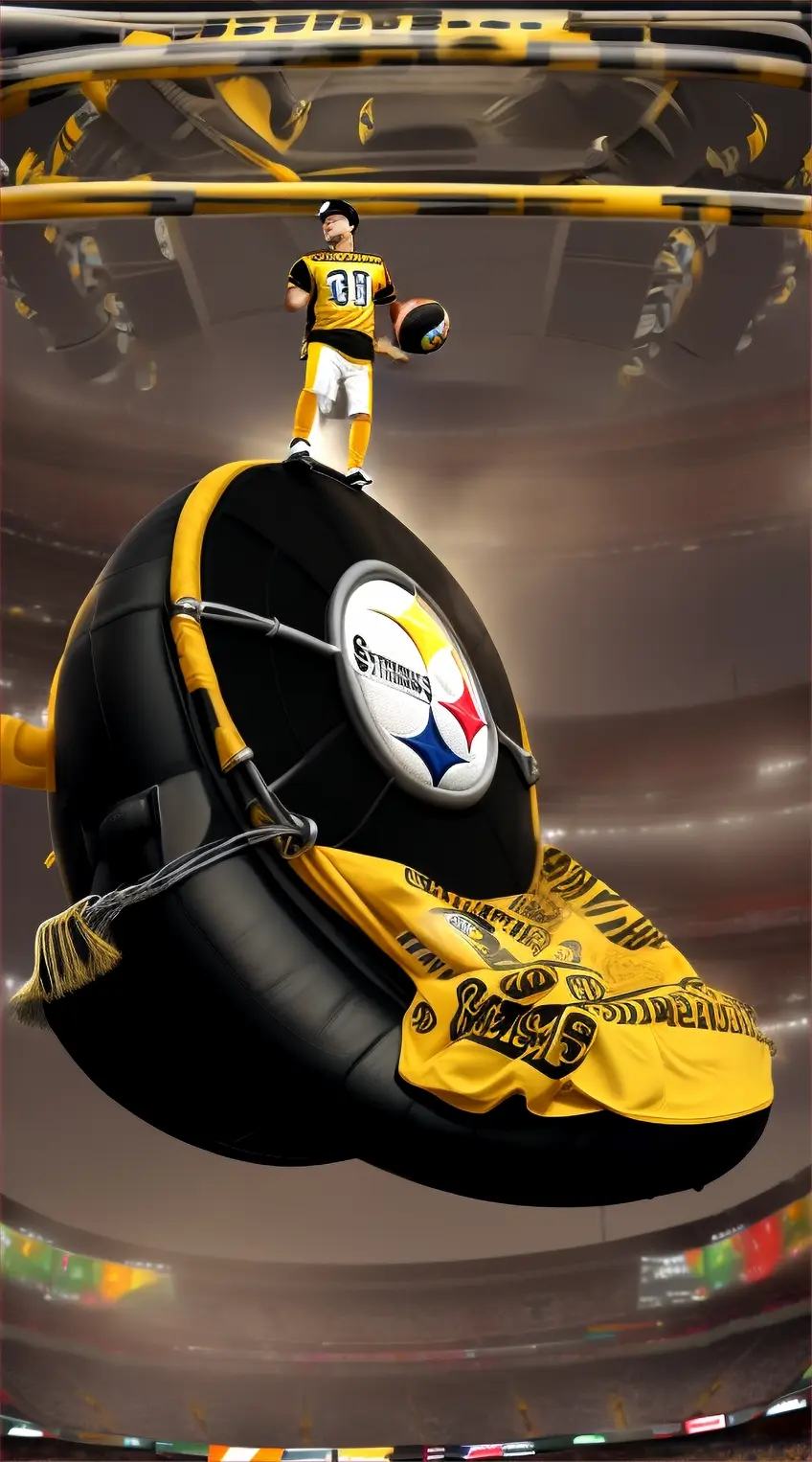 Create a 3d pittsburgh steelers  terrible towel going round and round in mid air