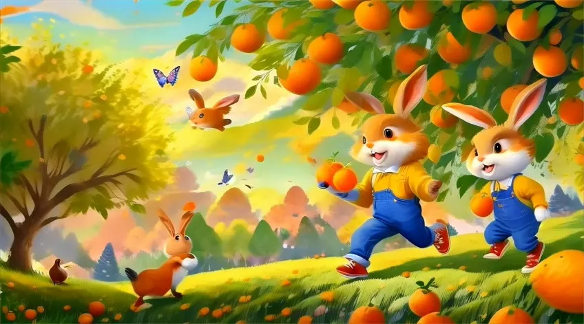 a painting of a rabbit holding an orange in a field