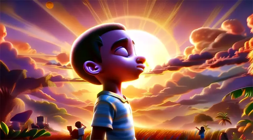 a young boy standing in front of a sunset taking a deep breath