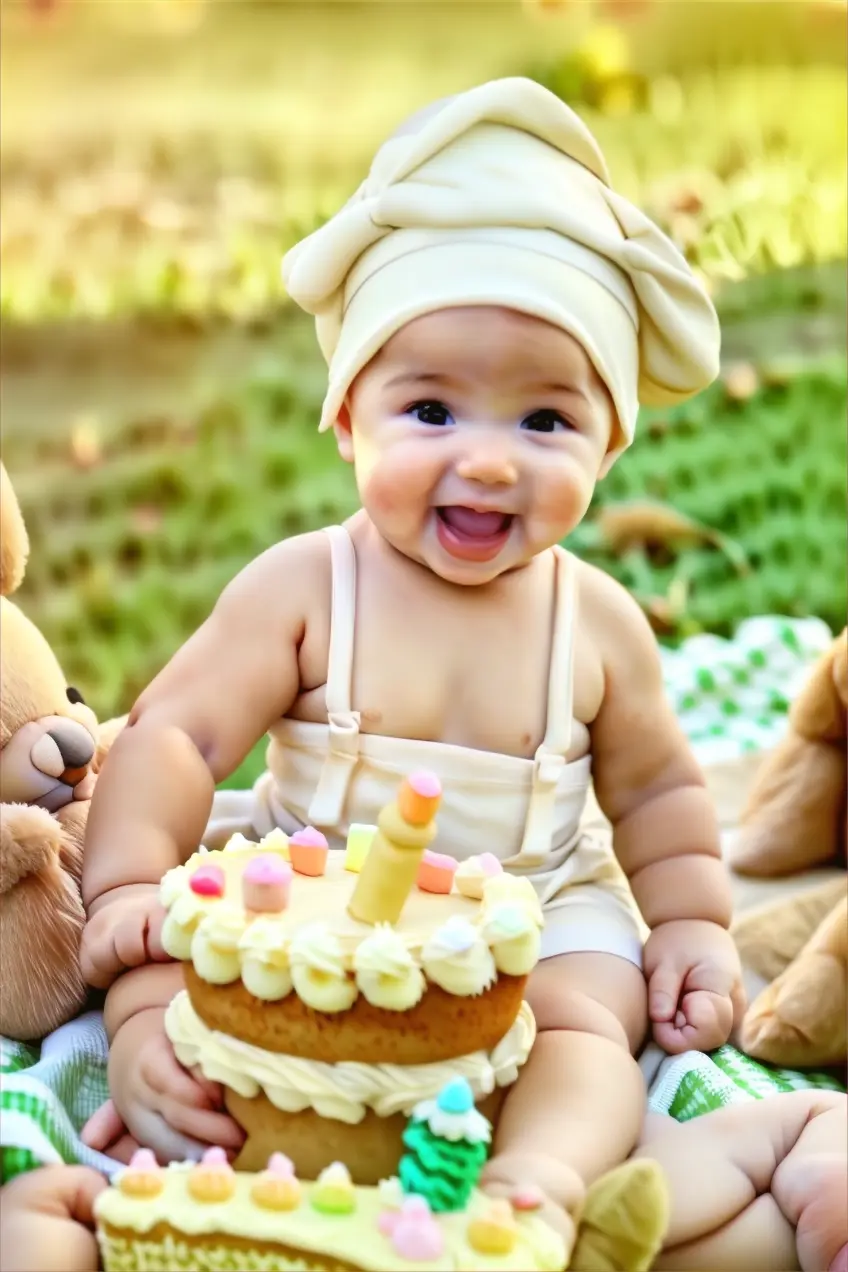 a baby sitting on a blanket with a cake