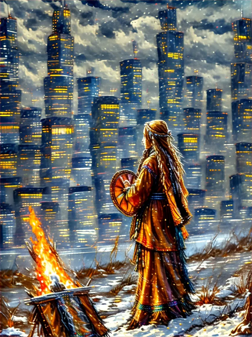 a painting of a woman standing in town