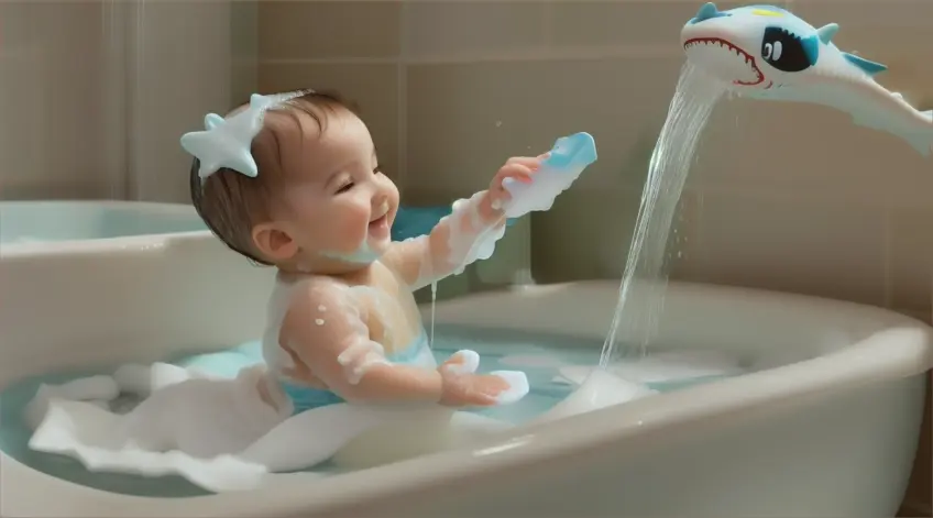 long shot of A soft showerhead rains gentle water over the baby, rinsing away soap suds A cheerful,cute baby with soap on his face  joyfully playing with his  shark bath toy splashing water .