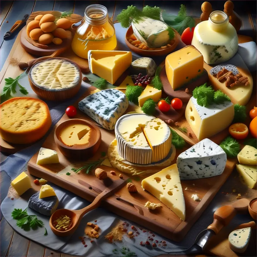 a wooden cutting board topped with lots of cheese