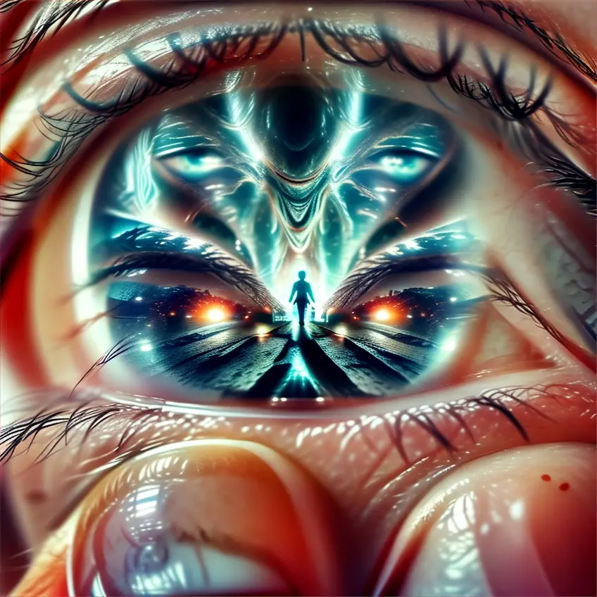 a close up of a person's eye with an image of a person in