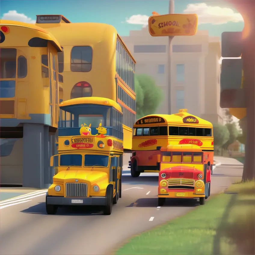 3d cartoon  school bus ride by driver