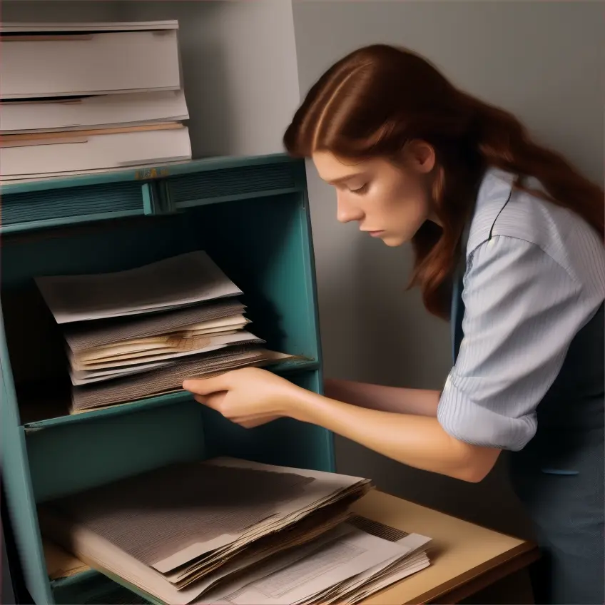 Astrid Frisbey finds a pile of files on an abandoned cabinet.