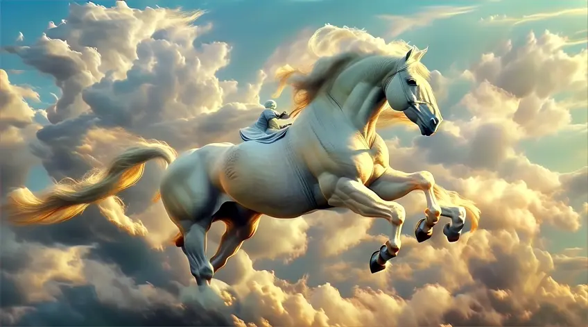 a white horse is galloping through the clouds