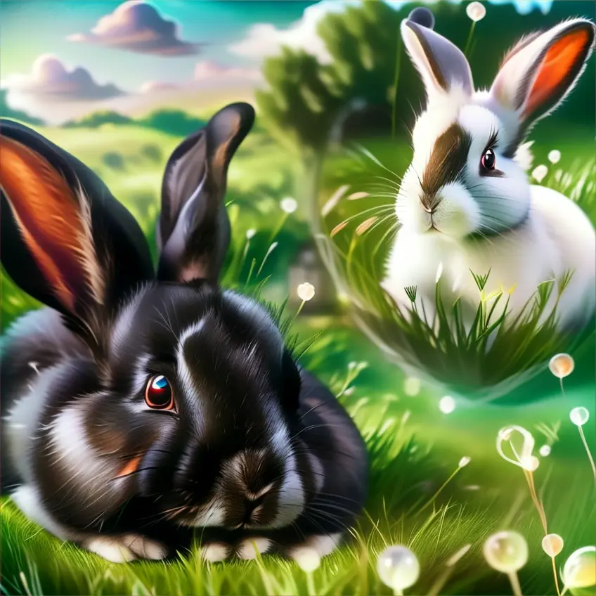 a rabbit and a rabbit in a field of grass