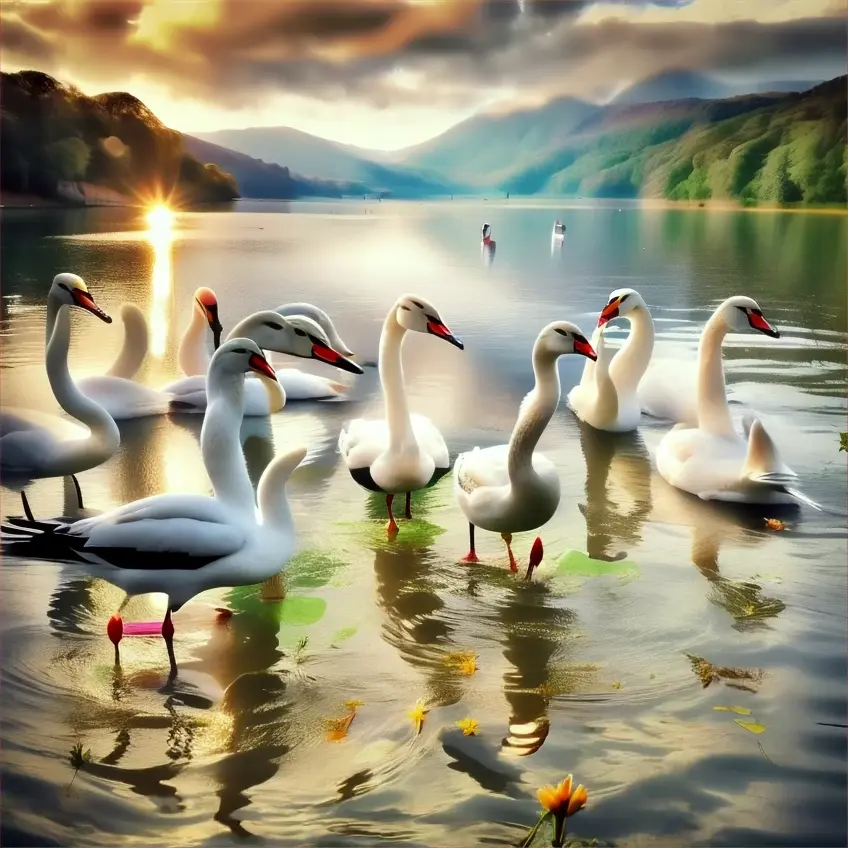 los cisnes comen en el lago