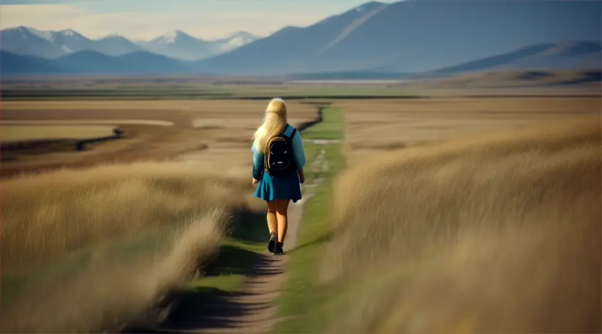 Fuzzy blonde female walks along the dirty trail in the midst of an open grassy field. Altai mountains in the distant background. Day.