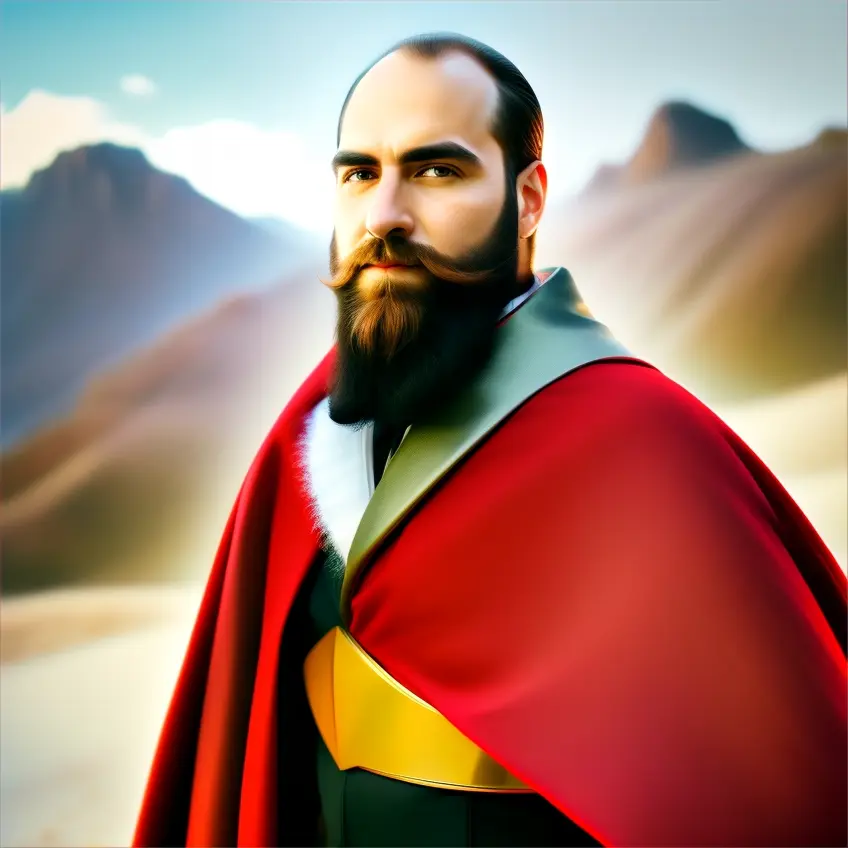 a man with a beard and a red cape, a time-lapse mode day and night