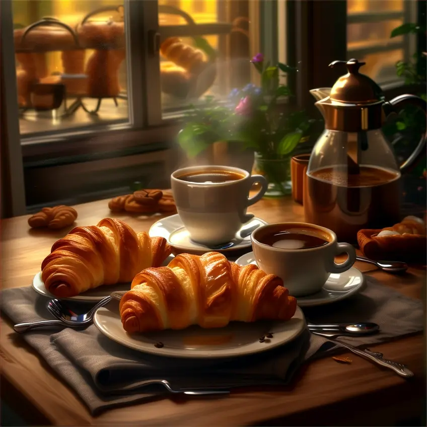 two croissants and a cup of coffee on a table