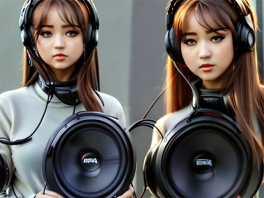 a woman wearing headphones and holding a pair of speakers