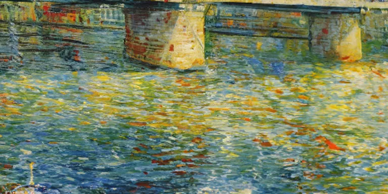 a painting of a bridge over a body of water