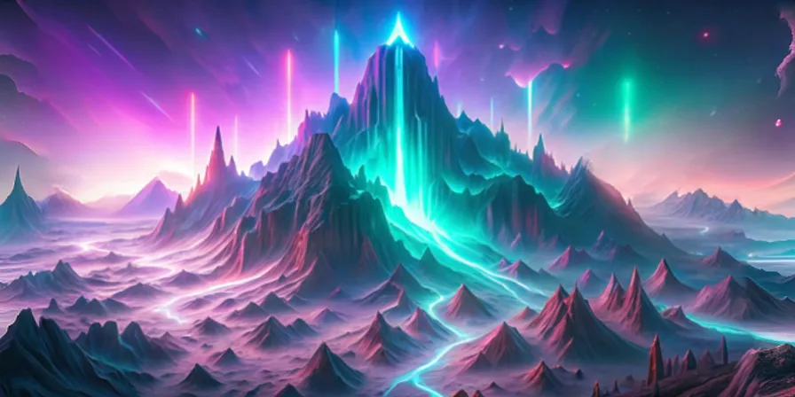 a painting of a mountain landscape with neon lights