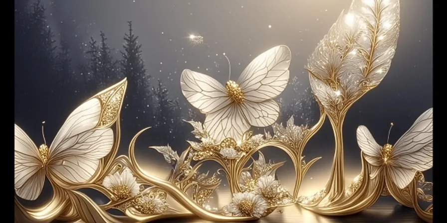 a painting of gold and white butterflies on a dark background