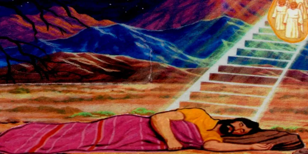 a painting of a man laying on the ground next to a stairway