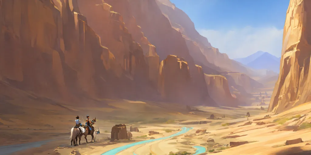 a painting of two people riding horses in the desert