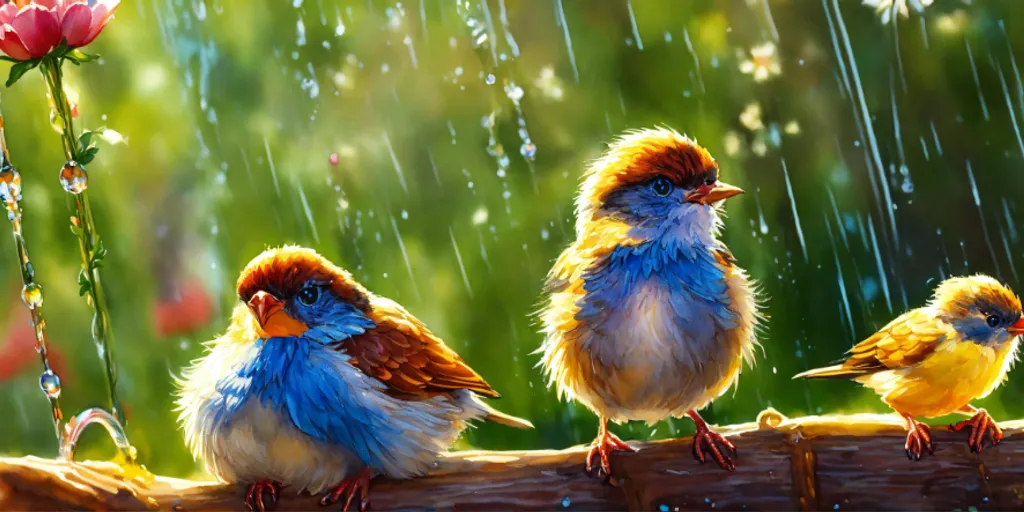 three little birds sitting on a branch in the rain