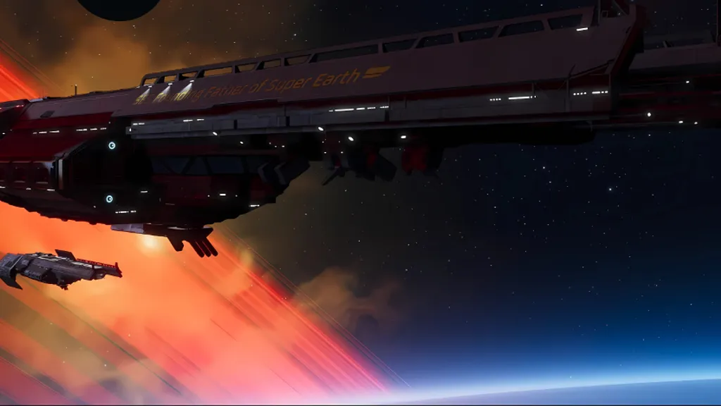 a space Destroyer flying over a planet in the sky